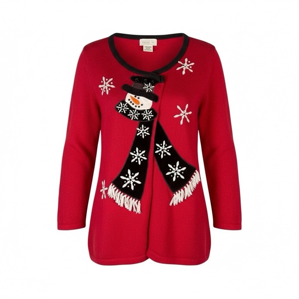 Women's Vintage Mandal Bay Cotton-Ramie Blend Snowman Cardigan Sweater Size XL
